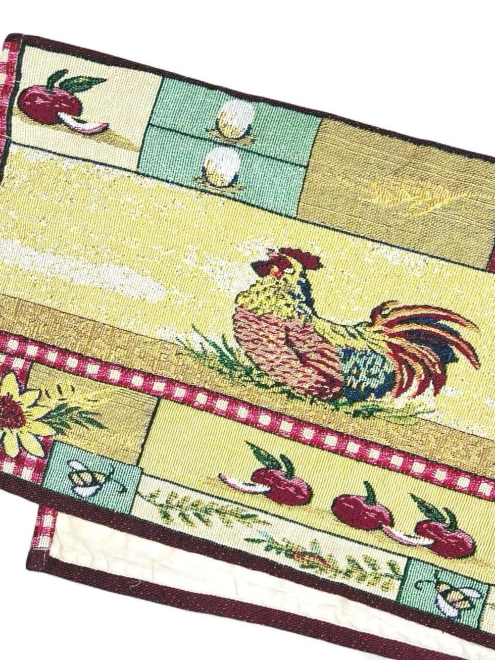 Vintage Rooster Sun Flower Plaid Cottage Farmhouse Table Runner